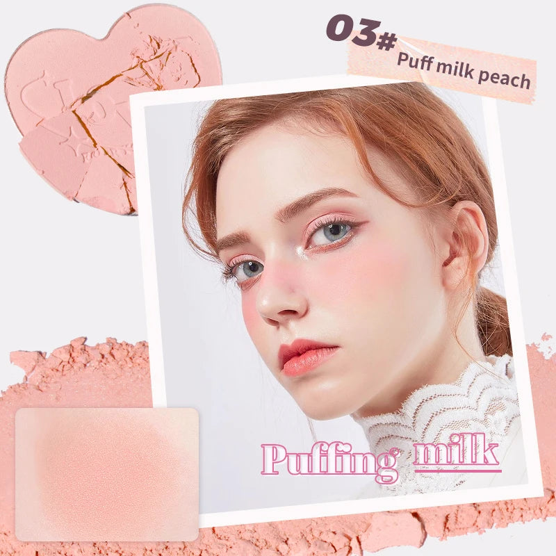 Heart-Shaped Korean style Powder Blush, Soft Matte Finish with Subtle Shimmer, Blendable & Buildable, Lightweight & Long-Lasting